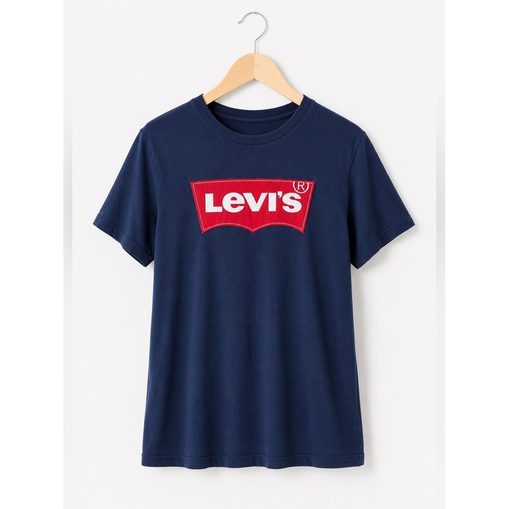 5/$35 Levi's Girls Tee Sz L 12-13 Years Navy Blue Red White Felt Applique Logo